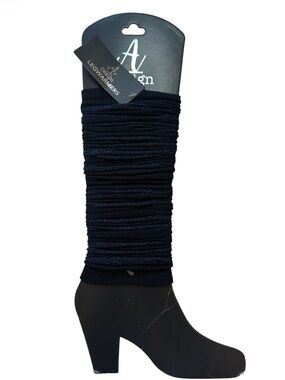 A Design black knitted leg warmers with a shimmering navy blue metallic one size